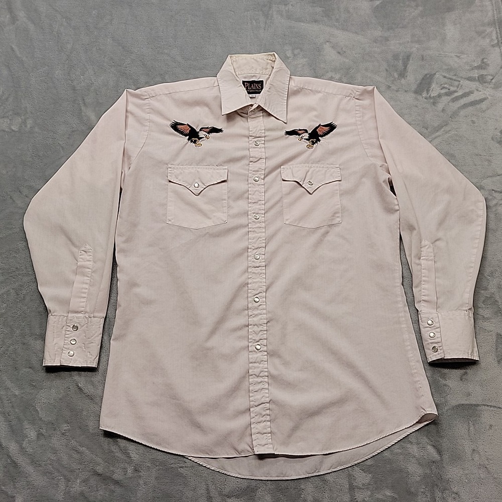 VTG Plains Shirt Mens M Beige Eagle Embroidered Western Button Down Pearl Snap